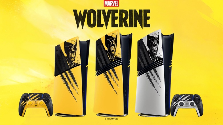 Promotional artwork showing Marvel's Wolverine limited edition PS5 consoles and controllers