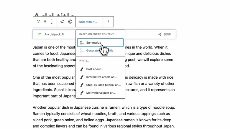Jetpack AI Assistant menu WordPress