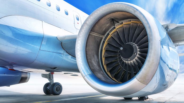 Jet engine against a blue sky