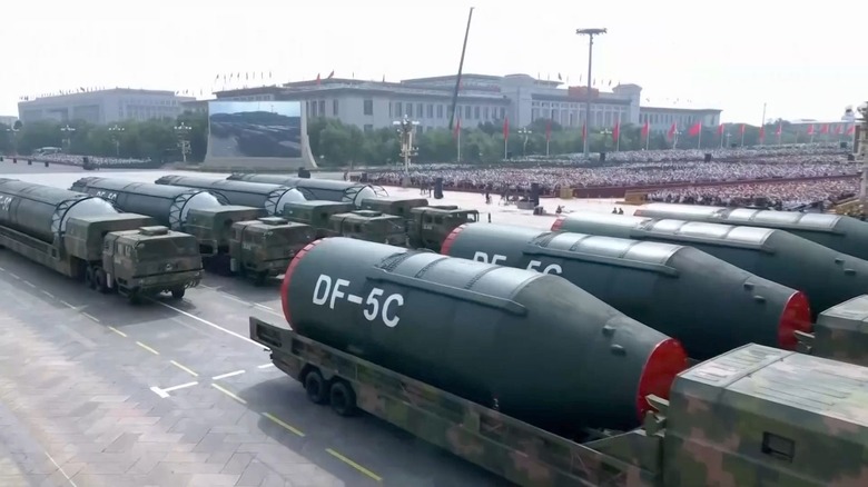 A Chinese parage with several DF-5C ICBMs carried on trucks