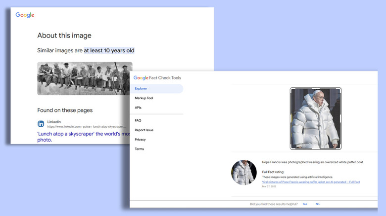 Two screenshots on a blue background. The first shows the About This Image results for the photo known as "Lunch atop a skyscraper" with text stating "Similar images are at least 10 years old." The second screenshot shows Google Fact Check results for an image of Pope Francis in a puffer jacket with a link to a site verifying that the image is AI.