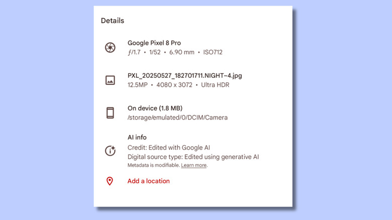 Cropped screenshot from a Google Pixel phone on a blue background. The screenshot shows photo details inclding the text "Edited with generative AI".