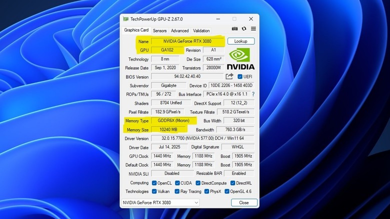 GPU-Z highlighting important GPU specs
