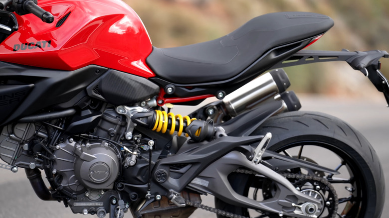 Close up of 2025 Ducati Monster profile and inner workings including frame and engine