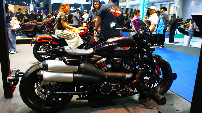Black harley Davidson Sportster S on stand at motorcycle show