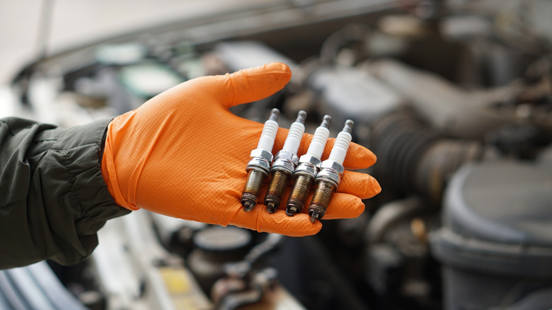 a mechanic holding spark plugs