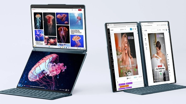 Lenovo Yoga Book 9i posed in two positions