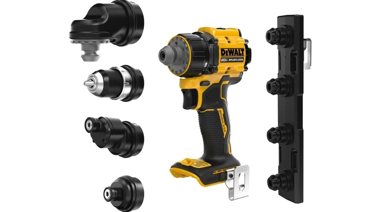The DeWalt Atomic 20V Max Multi-Head Drill/Driver and accessories on a white background.
