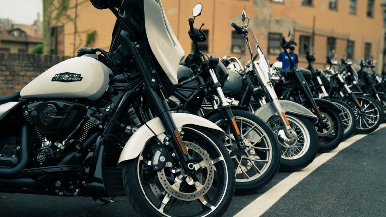 A close up of a row of Harley-Davidson bikes