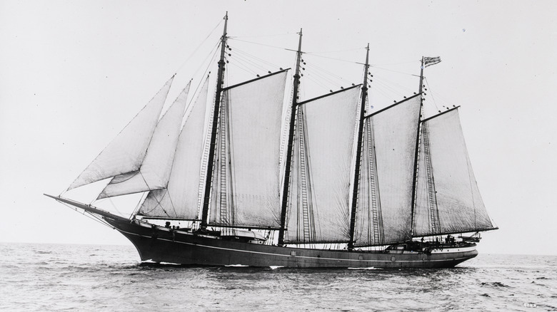Black and white photo of a four masted schooner