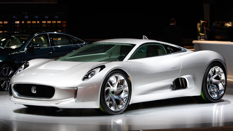 Silver Jaguar C-X75 on showroom floor