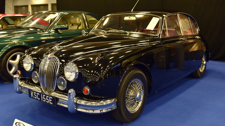 Black Jaguar Mark II parked on blue carpet