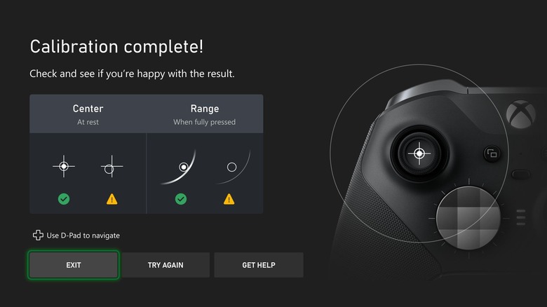 Xbox controller recalibration menu screen