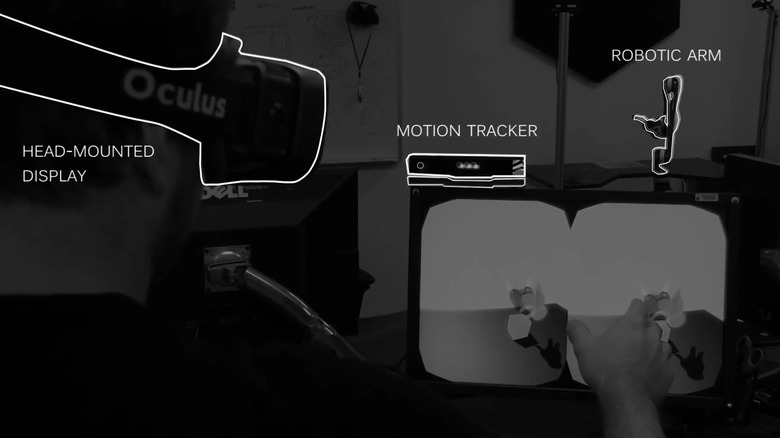 NASA JPL technician using Kinect sensors to control robotic arm, with head-mounted display, motion tracker, and arm devices highlighted with labels