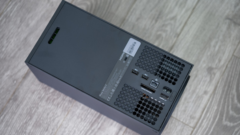 A close up of the rear panel of an Xbox Series X