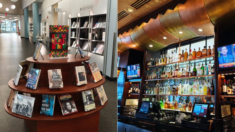 Books on display, liquor bottles at bar.