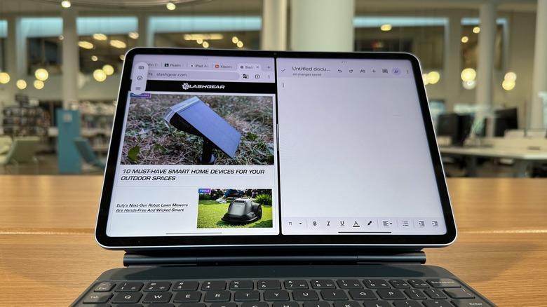 Xiaomi Pad 7 on a table showing multitasking interface
