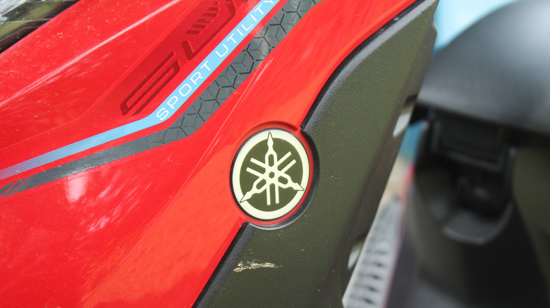 The Yamaha logo on a motorcycle fairing