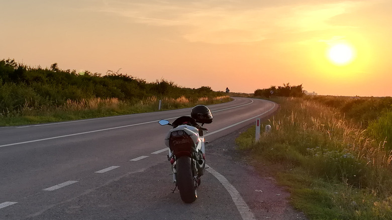 Yamaha R1 parked at sunset