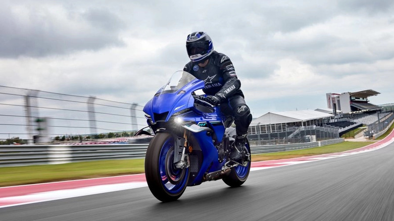Blue Yamaha R1 on a race track