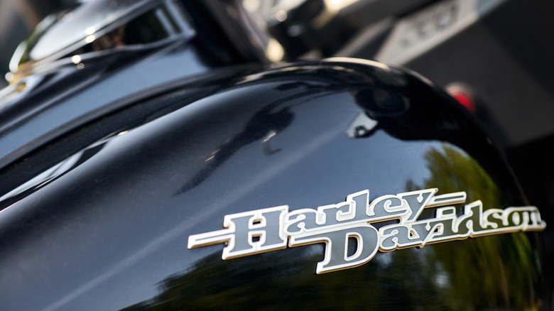 Closeup of Harley-Davidson logo on motorcycle