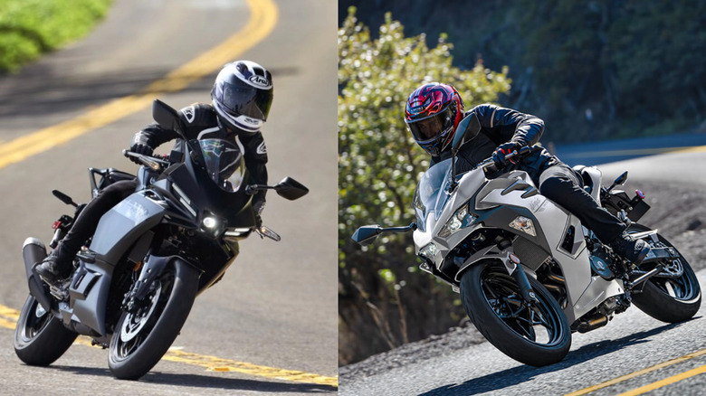Yamaha YZF R3 on the road alongside Kawasaki Ninja 500 on the road