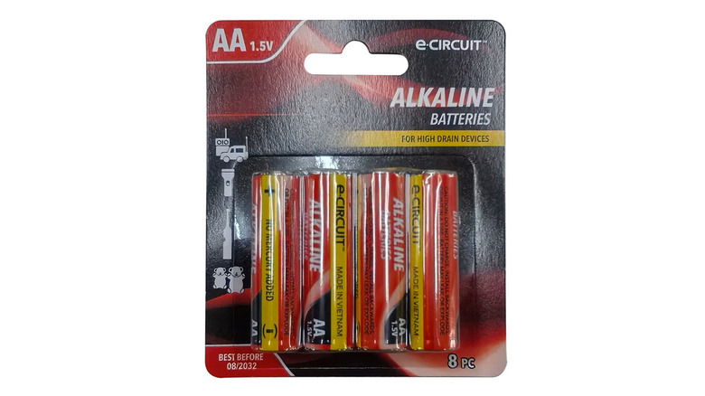A four pack of Dollar Tree E-Circuit AA alkaline batteries on a plain white background