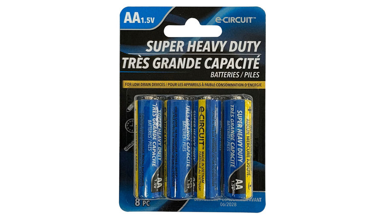 Eight pack of Dollar Tree Super heavy Duty AA batteries on a plain white background
