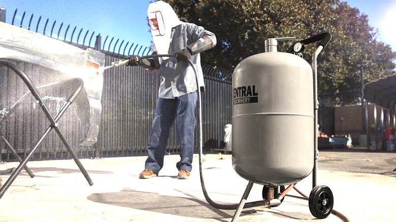 Person using Central Machinery sandblaster