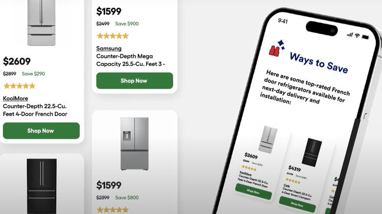 A Mylow interface showcases top-rated French door refrigerators.