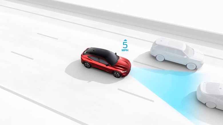 An illustration of adaptive cruise control showing the system monitoring the distance of the car in front