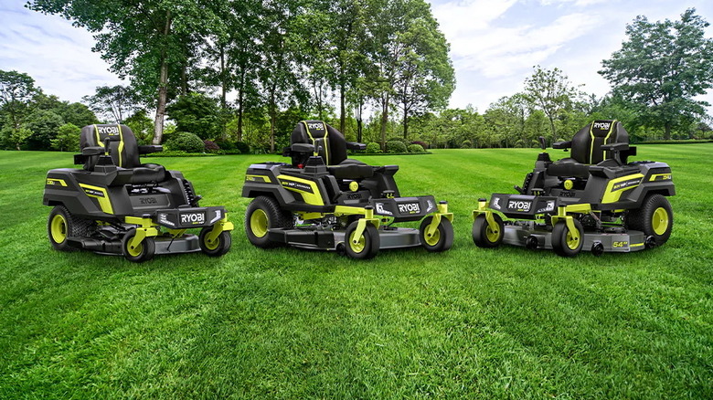 three Ryobi riding mowers