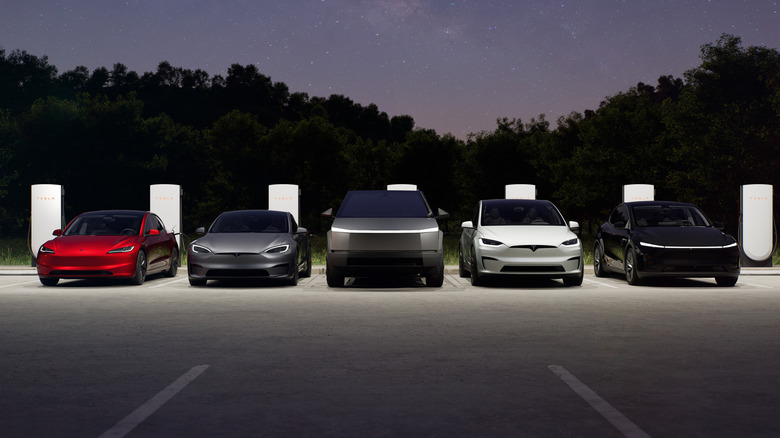 Tesla Model 3, Model S, Cybertruck, Model X, and Model Y at Supercharger location at night