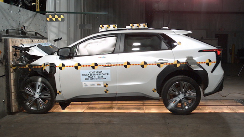 A Subaru Solterra undergoing testing by NHTSA.