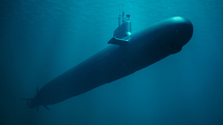 A rendering of an underwater submarine.