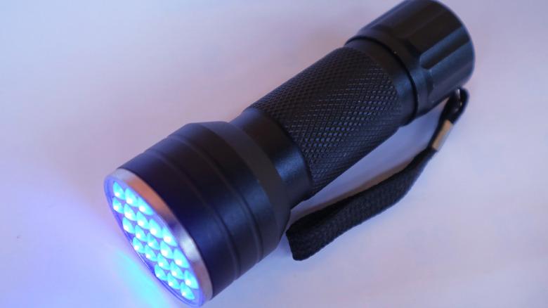 A handheld, black UV flashlight against a white background
