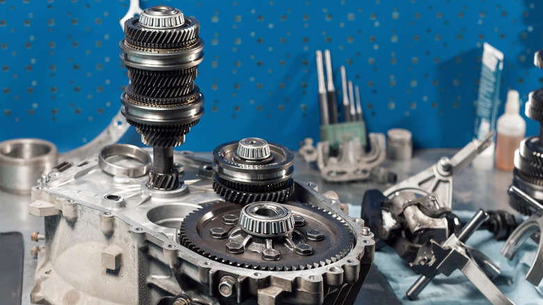 disassembled engine on work bench