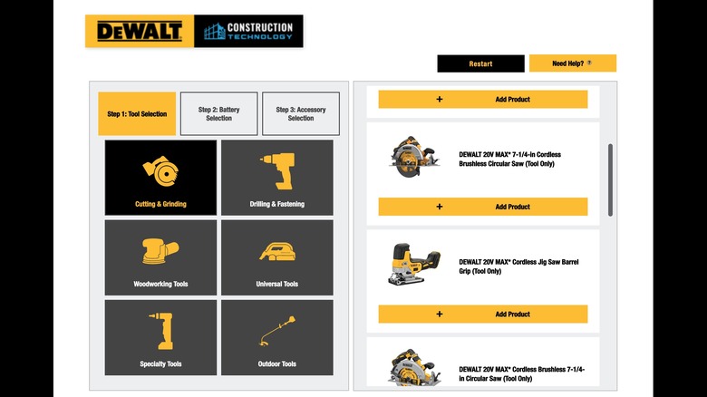 Screenshot displaying DeWalt's Cordless Kit Configurator page