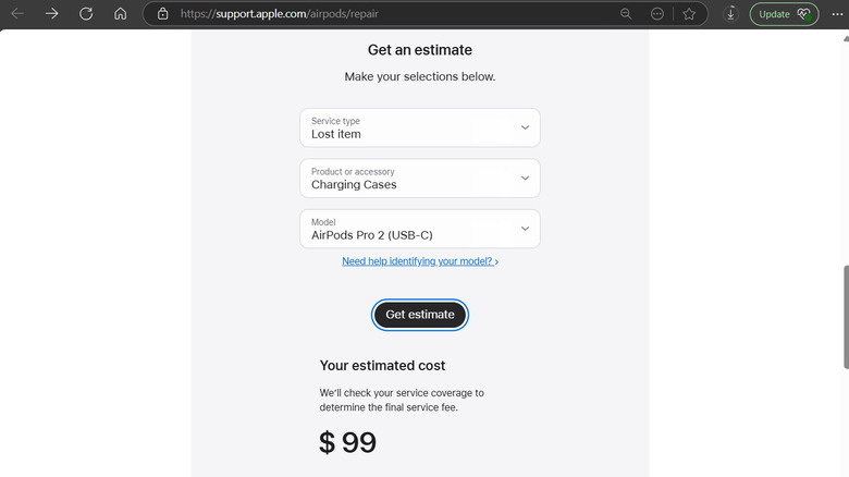 AirPods charging case replacement cost on Apple support page