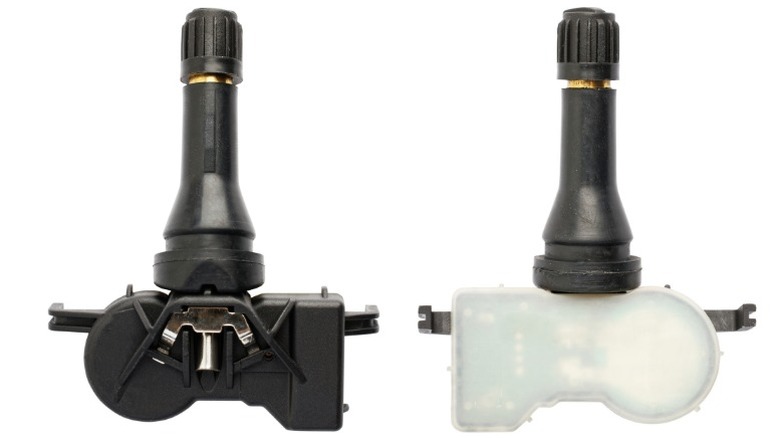 an image showing the front and back of two new stem-mounted tpms sensors