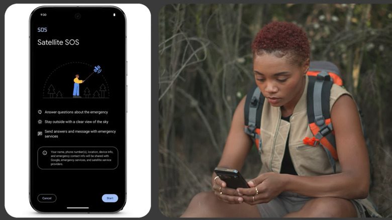 woman using Satellite SOS on Pixel phone
