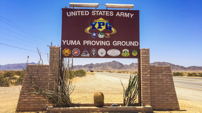 A road sign denoting the United States Army Yuma Proving Ground.