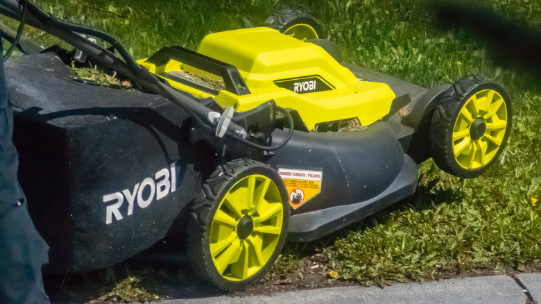 A person using a Ryobi push lawn mower.