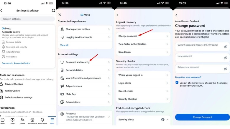 Step-by-step instructions to change a Facebook account password.