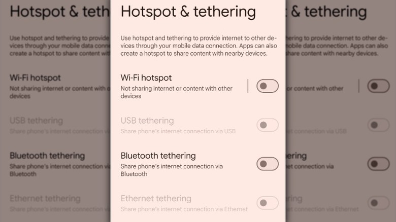 Android Hotspot & tethring menu with Ethernet tethering grayed out
