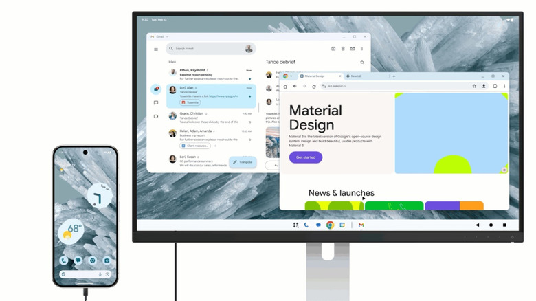Render of Android Desktop mode working between Google Pixel smartphone and external monitor