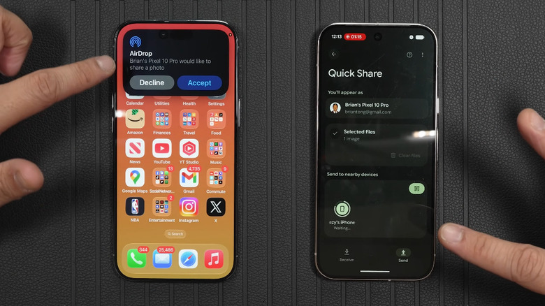 A person using Quick Share on Android to send photos over to an iPhone.