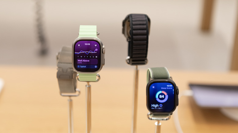Apple watch models on display at an Apple event location
