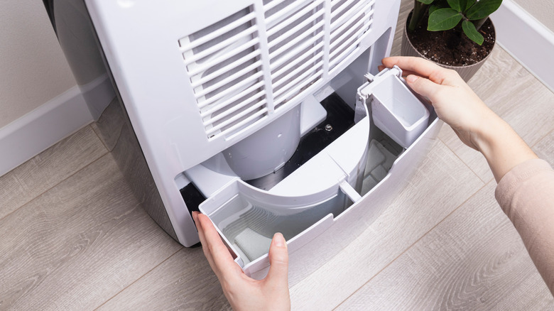 Person removing drawer from dehumidifier.