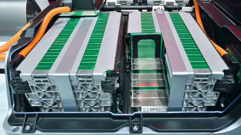 A close up of EV battery packs on an EV chassis
